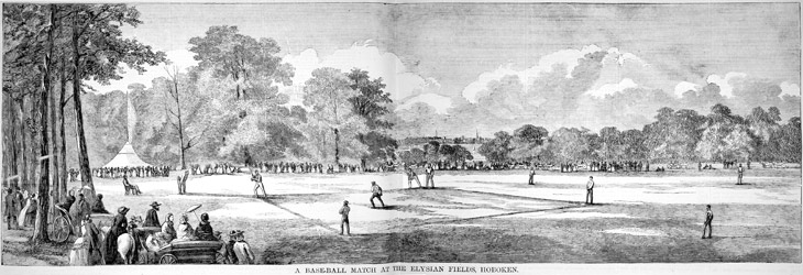 Baseball history illustration: Legend reads: “A Baseball Match at the Elysian Fields, Hoboken” Click illustration to return to previous page.