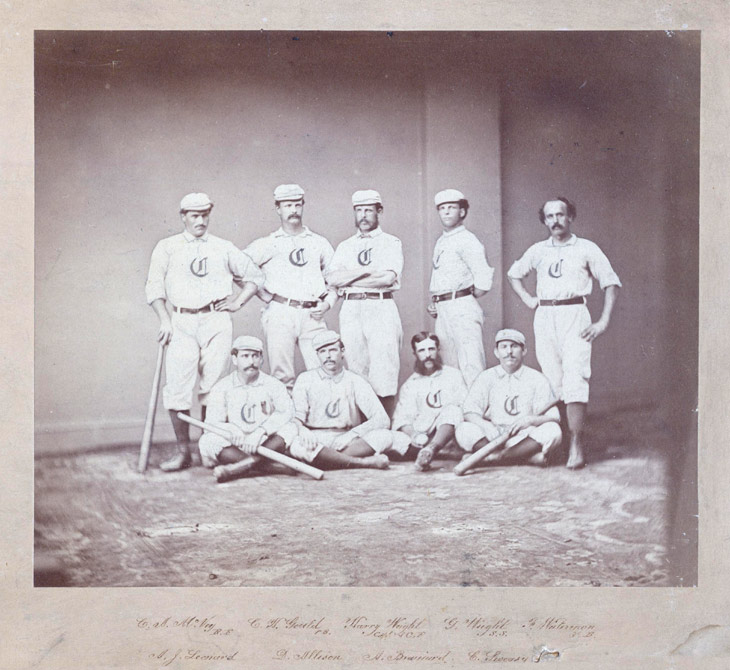 Baseball history photo: The 1869 Cincinnati Club as photographed by Matthew B. Brady.  Back Row (L to R): Cal McVey, Right Field; Charlie Gould, First Base; Harry Wright, Captain and Centre Field; George Wright, Short Stop, Fred Waterman, Third Base.  Front Row (L to R): Andy Leonard, LF; Doug Allison, Catcher; Asa Brainard, Pitcher; Charles Sweasy, Second Base.  Click photo to return to previous page.