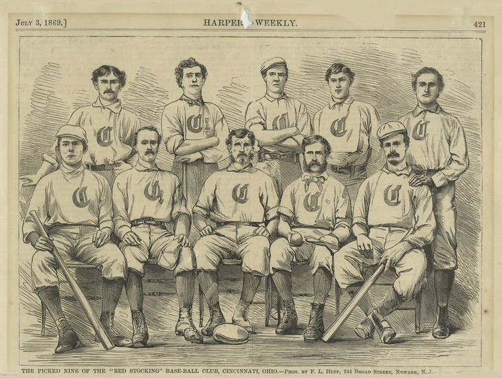Baseball history illustration: From Harpers Weekly of July 3, 1869. Legend reads “The Picked Nine of the “Red Stocking” Base-Ball Club, Cincinnati, Ohio. —Phot. by F.L. Huff, 244 Broad Street, Newark, N.J.” Click illustration to return to previous page.