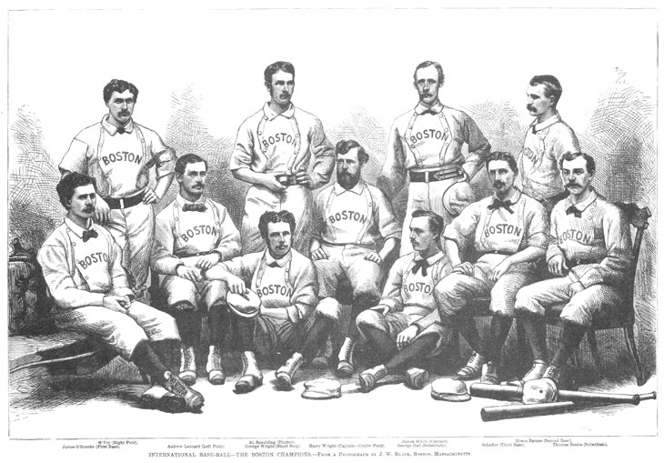 Baseball history photo: Eleven of the 12 members of the Boston Club that traveled on the 1874 Tour - Seated (L to R): James O'Rourke, First Base; Andrew Leonard, Left Field; George Wright, Short Stop; Harry Wright, Captain and Centre Field; George Hall Substitute; Harry Shafer, Third Base; Thomas Beals, Substitute.  Standing (L to R): Cal McVey, Right Field; Al Spalding, Pitcher; James White, Catcher; Rosco Barnes, Second Base.  Not pictured is Sam Wright, Jr. Click photo to return to previous page.