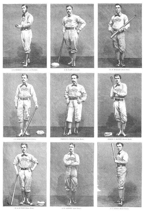 Baseball history photo: The starting nine for the Philadelphia Athletic Club during the 1874 Tour - J.D. McBride, Captain and Pitcher; J.E. Clapp, Catcher; W.M. McGeary, Short Stop; J.F. McMullen, Centre Field; Weston D. Fisler, First Base; Joseph E. Battin, Second Base; E.B. Sutton, Third Base; A.W. Gedney, Left Field and A.C. Anson, Right Field. Click photo to return to previous page.