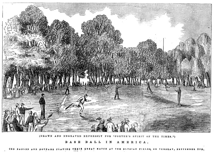 Baseball history illustration: Legend reads: “(Drawn and engraved expressly for “Porter's Spirit of the Times”) Base Ball in America. The Eagles and Gothams playing their great match at the Elysian Fields, on Tuesday, September 8th.” Click illustration to return to previous page.