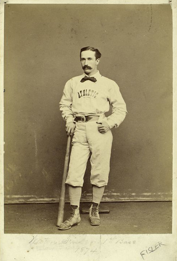 Baseball history photo: Athletic Club of Philadelphia player Weston Fisler in 1874.  Fisler played for the Camden Club of New Jersey, his hometown, in 1865 and joined the Athletic Club of Philadelphia in 1866.  Fisler was a member of the 1871 National Association Champion Philadelphia “Athletics” in 1871 as well as a member of the same Philadelphia Club that traveled to Europe for the 1874 World Tour.  He was mainly a first base but he did play a number of games at second and retired after the inaugural National League season in 1876.  He has the distinction of scoring the first run in National League history on April 22, 1876, in a 6-5 loss to the Boston Club in Philadelphia at the Jefferson Street Grounds..  Click photo to return to previous page.
