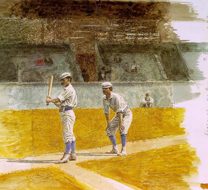 Baseball history photo: “Baseball Players Practicing,” 1875. This well-known watercolor (on paper) by Thomas Eakins (American, 1844-1916) is in the collection of The Museum of Art at the Rhode Island School of Design, Providence, Rhode Island. It measures 10¾ x 13 inches. The players depicted are members of the Philadelphia Athletics (National Association). Batting is Wes Fisler and catching is, most probably, John Clapp. The location is most likely the Jefferson Street (Avenue?) Grounds, also known as Athletics Park, in Philadelphia. Click photo to return to previous page.