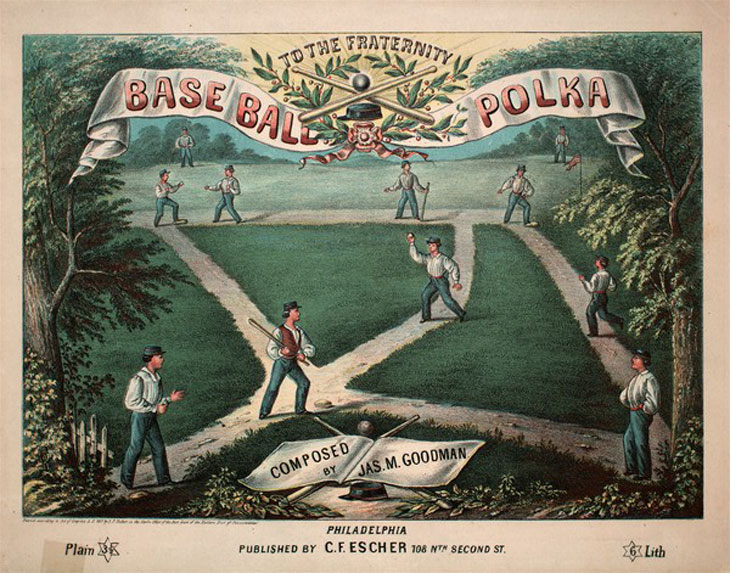 Baseball history photo: “Base Ball Polka” sheet music illustration.  Click photo to return to previous page.