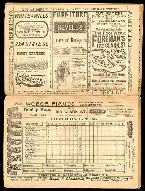 Baseball history photo: 1890 Players' National League Baseball Scorecard.  The Brooklyn Ward's Wonders recap from a 3-1 loss to the Chicago Pirates, in Chicago.  Due to economic reasons team rosters were generally small and the starting nine for each club was very steady.  This allowed scorecards to be pre-printed for games.  The Players' League was no exception and the Brooklyn Club used only 17 in the 133 games they played in 1890.  During the 1890's the rosters began to expand and while the starting nines for each club were consistent many more players logged significant game time.  Pitching rotations were also further increased to three and four man rotations. Click photo to return to previous page.