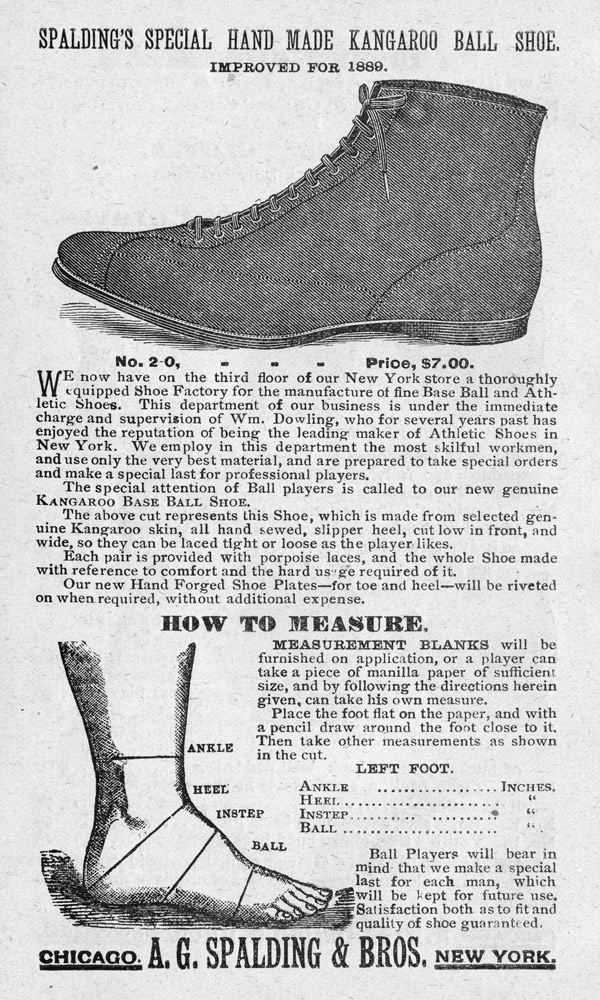 Baseball history photo: Base ball shoe advertisement from the Spalding Official Base Ball Guide, 1889. Click photo to return to previous page.