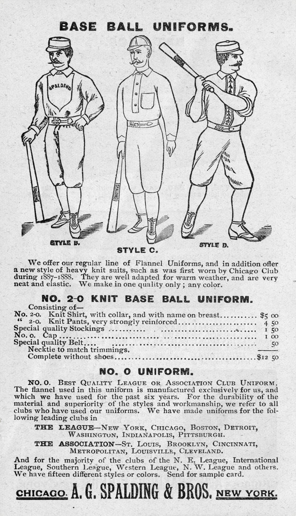 Baseball history photo: Base ball uniforms advertisement from the Spalding Official Base Ball Guide, 1889. Click photo to return to previous page.