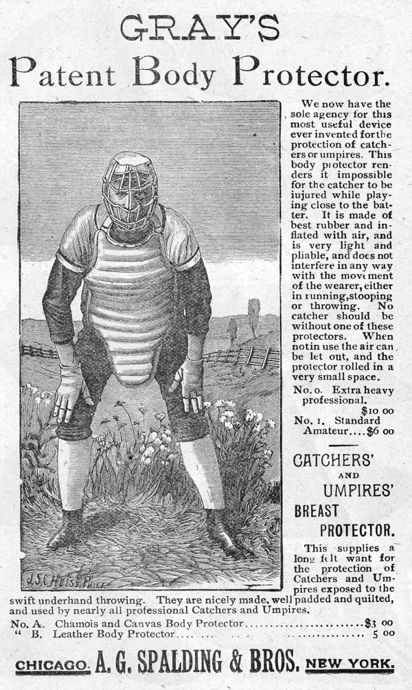 Baseball history photo: Catcher chest protector advertisement from the Spalding Official Base Ball Guide, 1889. Click photo to return to previous page.