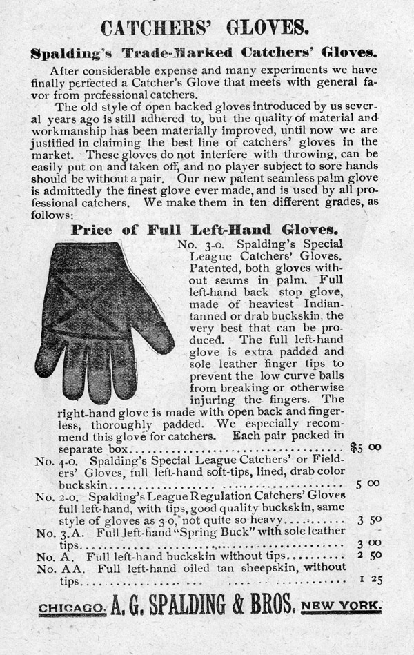 Baseball history photo: Catcher's glovess advertisement from the Spalding Official Base Ball Guide, 1889. Click photo to return to previous page.