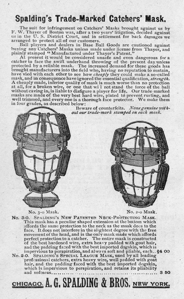 Baseball history photo: Catcher's masks advertisement from the Spalding Official Base Ball Guide, 1889. Click photo to return to previous page.