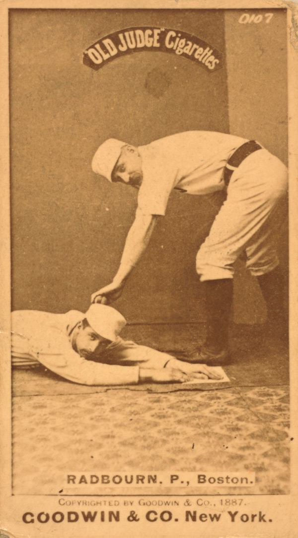 Baseball history photo: Charles “Old Hoss” Radbourn (applying tag) in image from 1887 “Old Judge” baseball card.  Click photo to return to previous page.