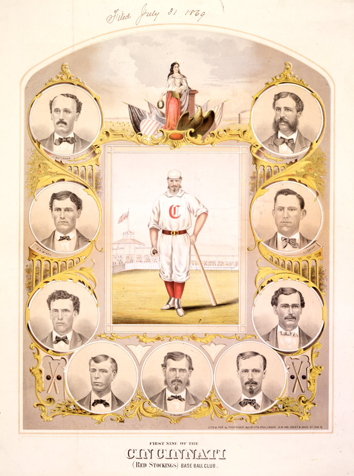 Baseball history photo: Illustration of the undefeated Cincinnati Club of 1869.  Starting at the upper left and continuing counter clockwise: Fred Waterman, Third Base; Cal McVey, Right Field; George Wright, Short Stop; Doug Allison, Catcher; Harry Wright, Manager and Centre Field; Charley Gould, First Base; Andy Leonard, Left Field; Charles Sweasy, Second Base; Asa Brainard, Pitcher.  Harry Wright is the player in the center of the picture in full uniform.  Click photo to return to previous page.