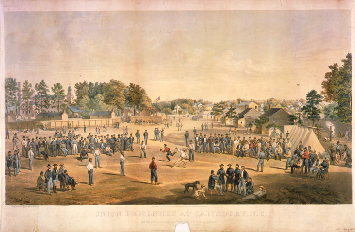 Baseball history illustration by Otto Boetticher: Union prisoners at Salisbury North Carolina engage in a game of baseball. While the Civil War took its toll on baseball league membership, it helped popularize the game by spreading it throughout the southern parts of the United States.  According to “Baseball in Blue and Gray” by George B. Kirsch, “Otto Boetticher was a commercial artist from New York City who enlisted in the 68th New York Volunteers in 1861 at the age of 45.  He was captured in 1862 and wound up at Salisbury before being exchanged for a Confederate captain on September 30th.  His illustration presents an idealized, pastoral view of a match in a setting that more closely resembled the Elysian Fields in Hoboken than a jail yard.”  Click illustration to return to previous page.