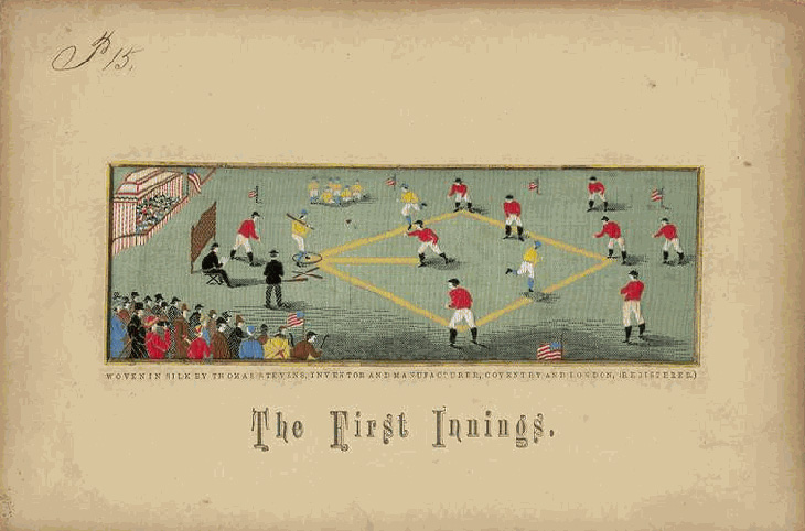 Baseball history photo: The First Innings. Thomas Stevens silk postcard depiction of early baseball game, presumably at Elysian Fields in Hoboken, New Jersey. Caption reads: “WOVEN IN SILK BY THOMAS STEVENS, INVENTOR AND MANUFACTURER, COVENTRY AND LONDON, (REGISTERED.)” Click photo to return to previous page. 
