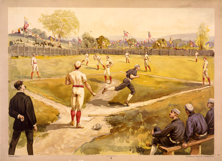 Baseball history photo: Color print of early Baseball game. Legend reads, “Base Ball. Aquarelle print by L. Prang & Co.” Click photo to return to previous page.