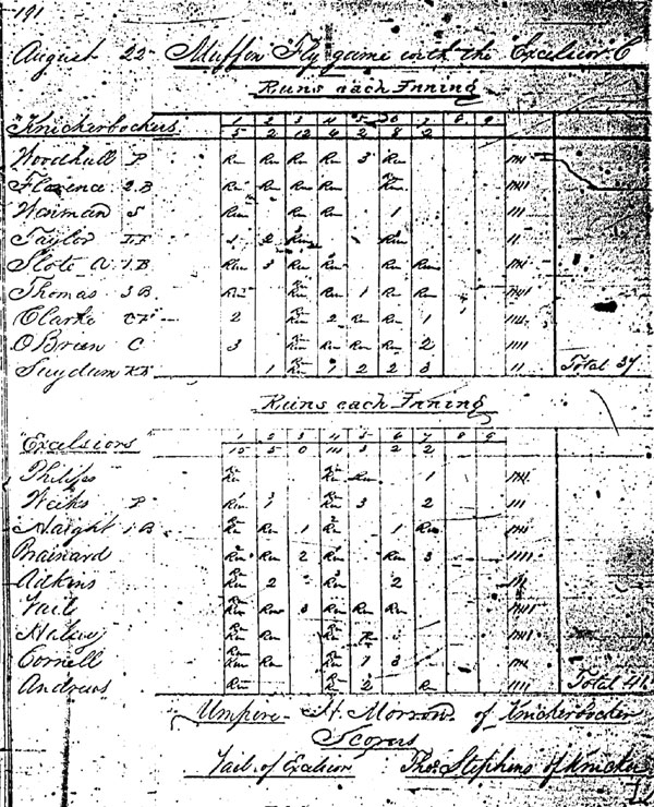 Baseball history photo: An early tally sheet from the Knickerbocker Baseball Club of New York. Note that on this day the Knickerbockers were beaten by the Excelsiors, 41 to 34. The original leather-bound book of Knickerbocker tally sheets is available for research at the New York Public Library.  Click photo to return to previous page.