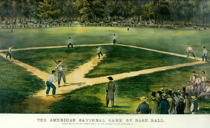 Baseball history photo: Currier & Ives print of early Baseball game. Legend reads, “The American National Game of Baseball. Grand match for the championship at the Elysian Fields, Hoboken, N.J.” Click photo to return to previous page.