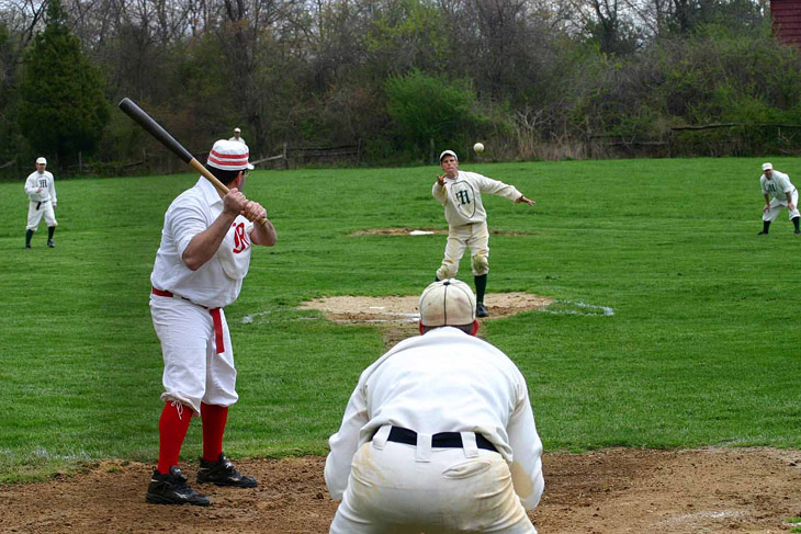 Vintage baseball photo: 4/24/05: New York/New Jersey Cup: Eric Miklich pitching for the New York Mutuals against the Flemington Neshanock in an 1864 match at Old Bethpage Village Restoration.  Photo by Bill Staskel.  Click photo to return to previous page.