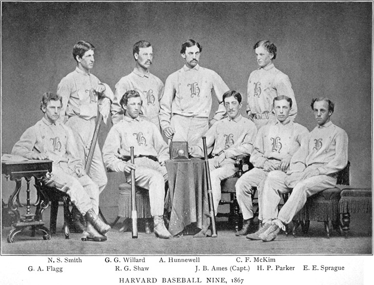 Baseball history photo: Harvard Baseball Nine, 1867.  The Harvard Club's first team was established in 1862 with help from the Boston Lowells.  The Harvard Club one of only three New England teams to hold the Silver Ball trophy, pictured in a case on the table.  The other two were the Tri-Mountain Club and the Boston Lowell Club.  The trophy was commissioned by John A. Lowell, an engraver, who was once the president of the Boston Bowdoin Club and a respected umpire.  The results of championship matches were engraved on the ball and a total of seventeen matches were recorded at the time of its destruction in 1868.  The New England Association of National Base Ball Players elected to destroy the trophy due to the bad behavior the players exemplified while attempting to win it.  The Silver Ball was melted down and sold for $19.46.  The Harvard University Base Ball Club was formed in 1864.  According to Troy Soos in his book Before the Curse, two of its players purchased  grey flannel for the shirts and asked for a crimson old English “H” to be sewn on the front.  The seamstress decided that magenta was more fashionable and prettier so the players took the field as the Harvard Magenta.  The student body enjoyed the uniforms so well that the official school color was changed to magenta until 1875, when crimson was re-adopted.  The Harvard Club played the famed Cincinnati Club three times during the 1869-1870 seasons.  On July 18, 1870 the Magenta held a 17-12 lead in the ninth inning while playing the Red Stockings on Cincinnati's Union Grounds.  The more experienced Red Stockings scored eight runs to win the match 20-17. Click photo to return to previous page.