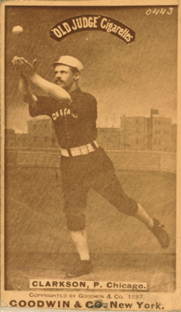 Baseball history photo: JJohn Clarkson in pose for “Old Judge” Cigarettes baseball card circa 1887. Click photo to return to previous page.