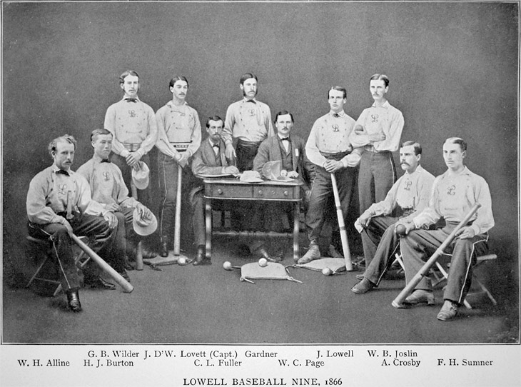 Baseball history photo: The 1866 Boston Lowells.  This club was originally formed in 1861 as a junior club.  The Lowells were one of only three New England teams to hold the Silver Ball trophy, pictured in a case on the table.  The other two were the Tri-Mountain Club and the Harvard Club.  The trophy was commissioned by John A. Lowell, an engraver, who was once the president of the Boston Bowdoin Club and a respected umpire.  The results of championship matches were engraved on the ball and a total of seventeen matches were recorded at the time of its destruction in 1868.  The New England Association of National Base Ball Players elected to destroy the trophy due to the bad behavior the players exhibited while attempting to win it.  The Silver Ball was melted down and sold for $19.46.  Click photo to return to previous page.
