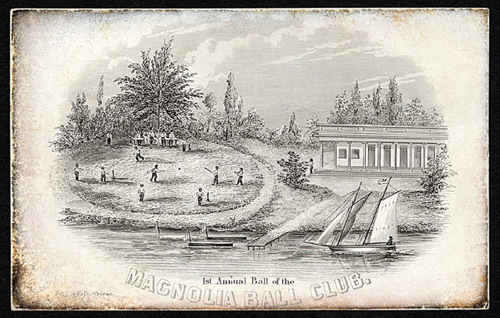 Baseball history photo: Ticket to the First Annual Ball of the New York Magnolia Ball Club, Friday evening, February 9, 1844. Click photo to return to previous page.