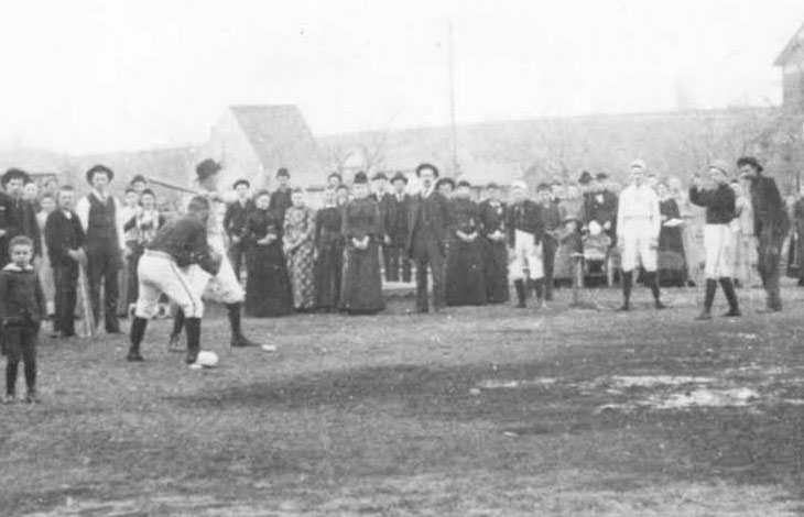 Baseball history photo: Detail from photograph of Milton Academy, Oregon baseball game circa 1890.  Click photo to return to previous page.