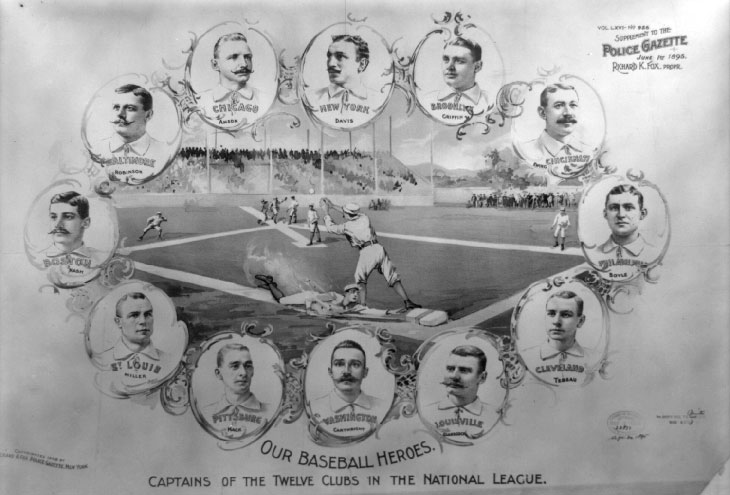Baseball history photo: National League Team Captains circa 1895. Represented are (clockwise from top center): New York; George Davis (first of three Managers, Third Base), Brooklyn; Mike Griffin (Centre Field), Cincinnati; Buck Ewing (Manager, First Base), Philadelphia; Jack Boyle (First Base), Cleveland Patsy Tebeau (Manager, First Base), Louisville Jack Glasscock (Substitute), Washington; Ed Cartwright (First Base), Pittsburg; Connie Mack (Manager, Substitute), St. Louis; Doggie Miller (Third Base), Boston; Billy Nash (Third Base), Baltimore; Wilbert Robinson (Catcher) and Chicago; Cap Anson (Manager, First Base). The center drawing depicts a runner's attempted steal. Note that the second baseman is not wearing a glove. Click photo to return to previous page.