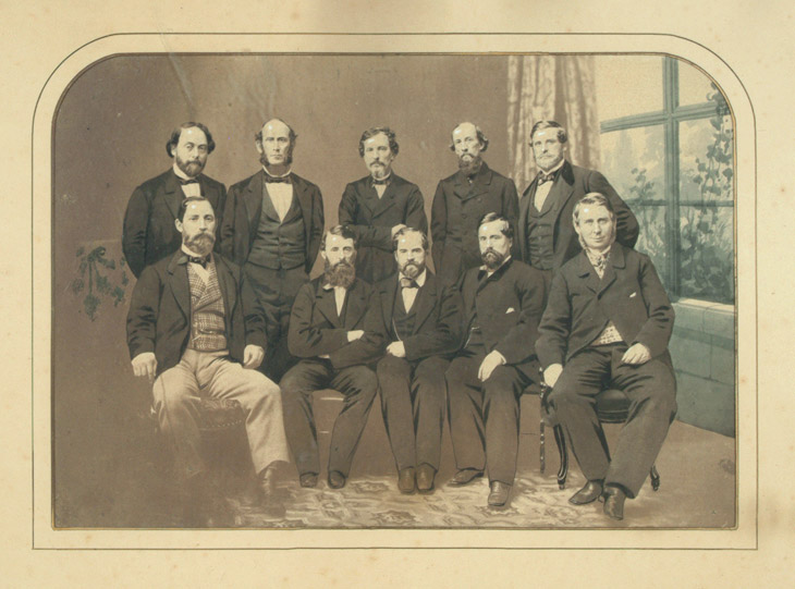 Baseball history photo: Salt print of the 1848-1850 New York Knickerbockers.  Taken December 1862, this picture chronicles many if the key member of one of baseballs first organized clubs. Click photo to return to previous page.