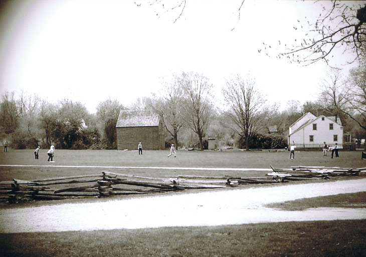 Vintage baseball photo: May 2005: An 1864 match at Old Bethpage Village Restoration, Schenck Field. Photo by Ray Shaw.   Click photo to return to previous page.