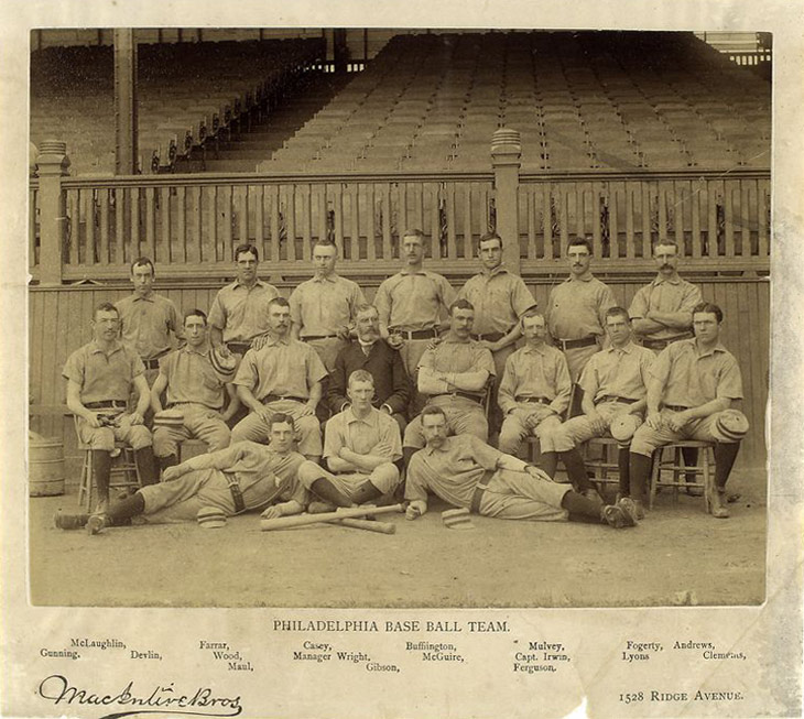 Baseball history photo: Philadelphia Phillies Base Ball Team circa 1887.  Back Row (L to R) - Barney McLaughlin, Second Base;  Sid Farrar, First Base; Dan Casey, Pitcher; Charlie Buffington, Pitcher; Joe Mulvey, Third Base; Jim Fogetty, Right Field; Ed Andrews, Centre Field.  Seated (L to R) - Tom Gunning, Sub (Catcher); Jim Devlin, Pitcher; George Wood, Left Field; Manager Harry Wright; Deacon McGuire, Catcher; Captain Arthur Irwin, Short Stop; Harry Lyons, Sub; Jack Clements, Catcher.  Front Row (L to R) - Al Maul, Pitcher; Whitey Gibson, Sub; Charlie Ferguson, Pitcher/Second Base. Click photo to return to previous page.