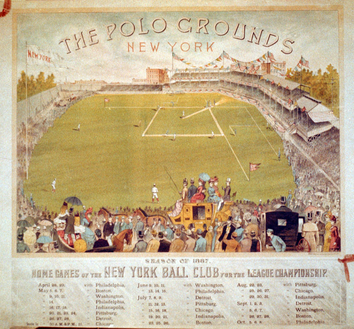 Baseball history photo: The Polo Grounds, New York, 1887. The deepest part of centerfield was 500 feet from home plate. Diamond-shaped ballparks and soft, under weighted baseballs made the home run a rare event in 19th century baseball. Click photo to return to previous page.