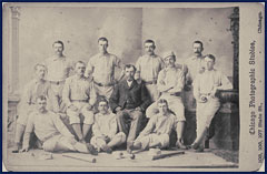 Providence Baseball Club, 1882, York, Riley, Hines, Start, Denny, Nara, H. Wright, Radbourne, Gilligan, G. Wright, Farrell, Ward. Click to enlarge.