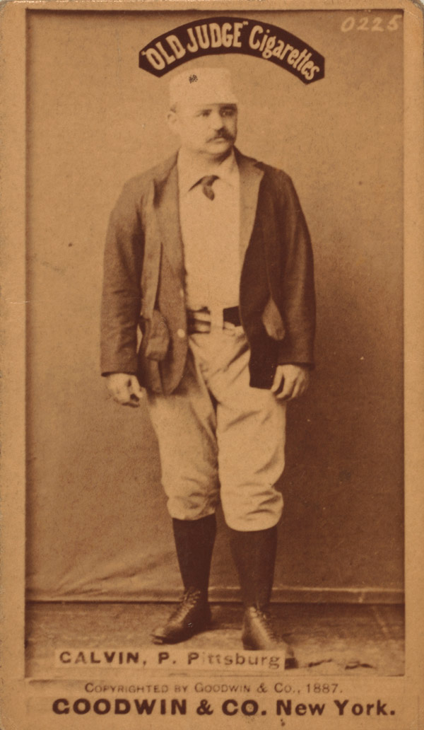 Baseball history photo: Baseball card featuring Pud Galvin.  In 1888, Galvin became baseball's first three hundred game winner while playing for the Pittsburg Alleghenys.  Click photo to return to previous page.