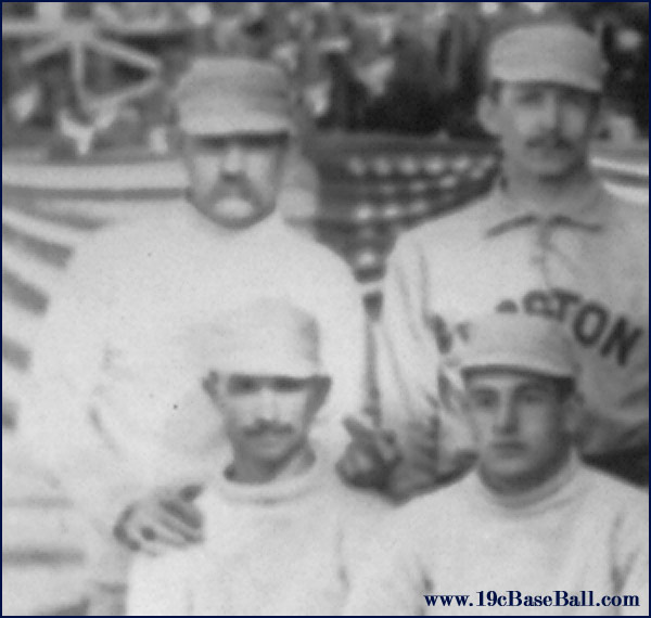 Baseball history photo: Detail from 1886 Boston/New York team photo. The only pitcher in the history of major league baseball to win 60 games in a single season, Charles “Old Hoss” Radbourn extends his middle finger towards the camera. This is the earliest known photograph of a public figure using this gesture. Click photo to return to previous page.