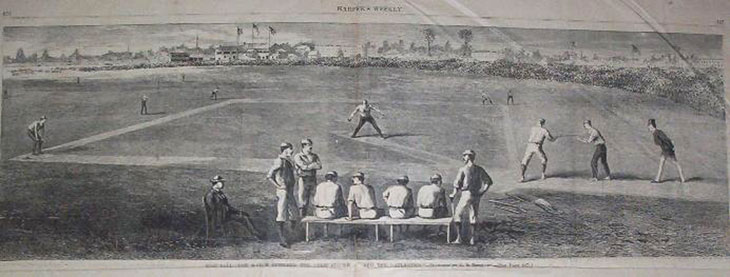 Baseball history illustration depicting the June 14, 1870 defeat of the Cincinnati Red Stockings by the Brooklyn Atlantics. The Cincinnati loss was the first in well over a year, ending their famous winning streak of 89 games. The Atlantics are in the field with George Zettlein pitching and Bob Ferguson playing third base. Ferguson was the Captain of the Atlantics and interestingly enough, this is the first reported game of any player hitting from both sides of the plate—that player was Bob Ferguson. Click illustration to return to previous page.