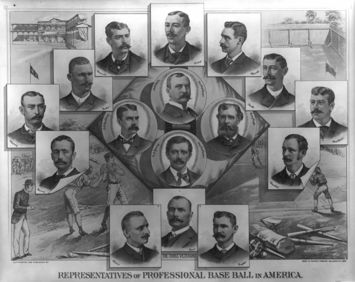 Representatives of the professional baseball clubs circa 1884. A.G. Spalding, responsible for the Abner Doubleday Myth, is featured at the third base position within the center diamond. Click photo to return to previous page.