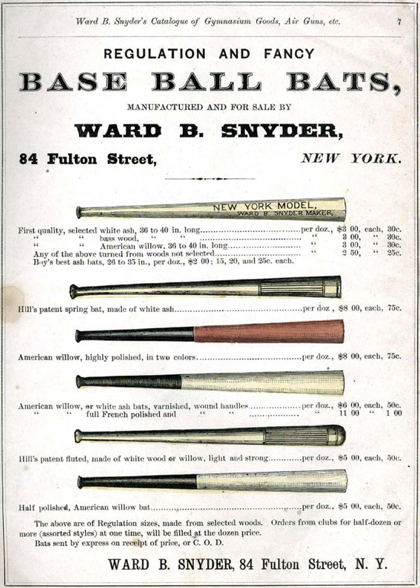 Baseball history photo: Assortment of base ball bats from Snyder's 1875 catalog. Click photo to return to previous page.