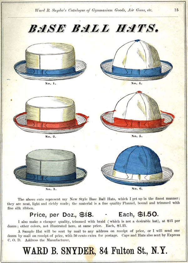 Baseball history photo: Assortment of base ball hats from Snyder's 1875 catalog. Click photo to return to previous page.