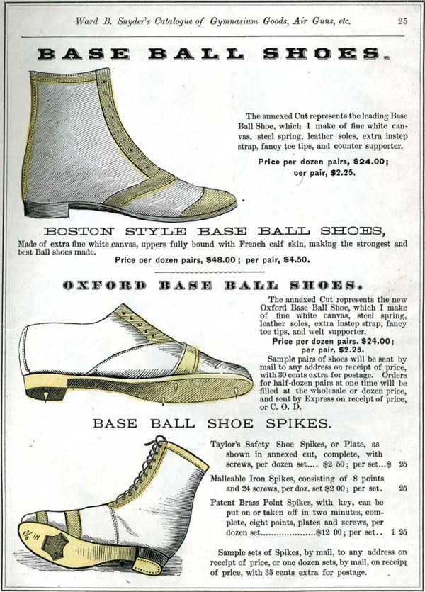 Baseball history photo: Assortment of base ball shoes from Snyder's 1875 catalog. Click photo to return to previous page.
