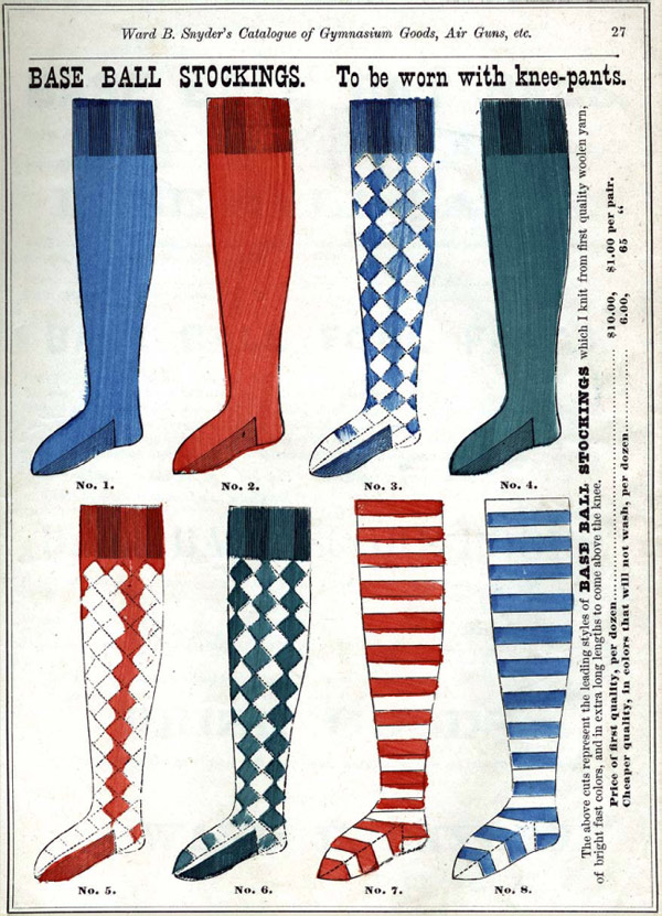 Baseball history photo: Assortment of base ball stockings from Snyder's 1875 catalog. Click photo to return to previous page.