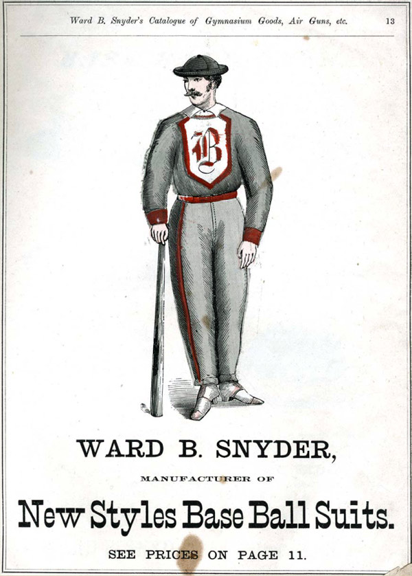 Baseball history photo: Assortment of base ball suits from Snyder's 1875 catalog. Click photo to return to previous page.