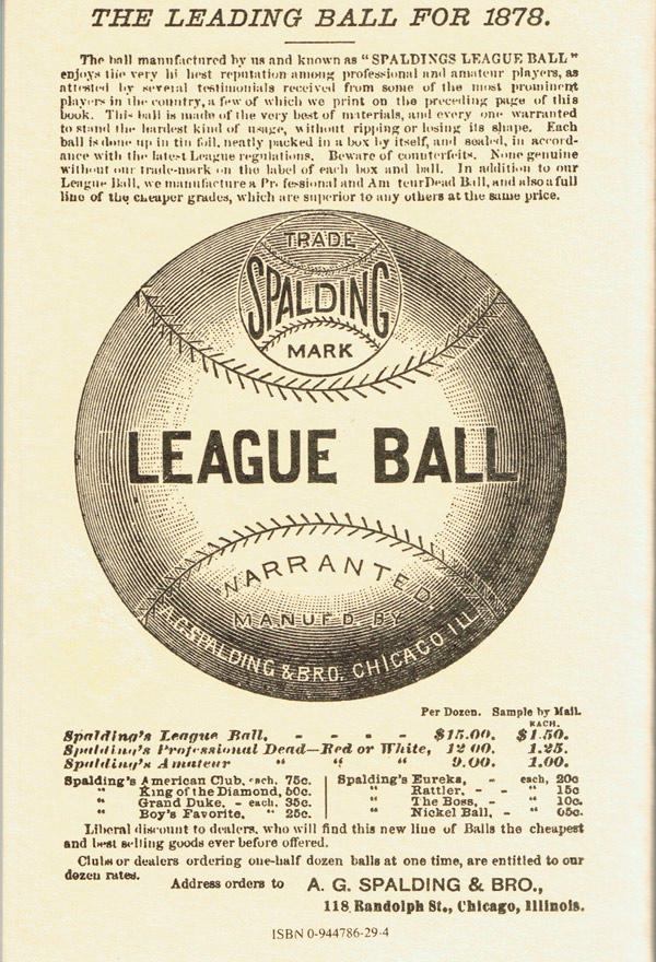 Baseball history photo:  Rear cover of the Spalding Base Ball Guide in 1878.  Beginning that year the Spalding Base Ball became the official ball used by the National League and was used until 1977. Click photo to return to previous page.