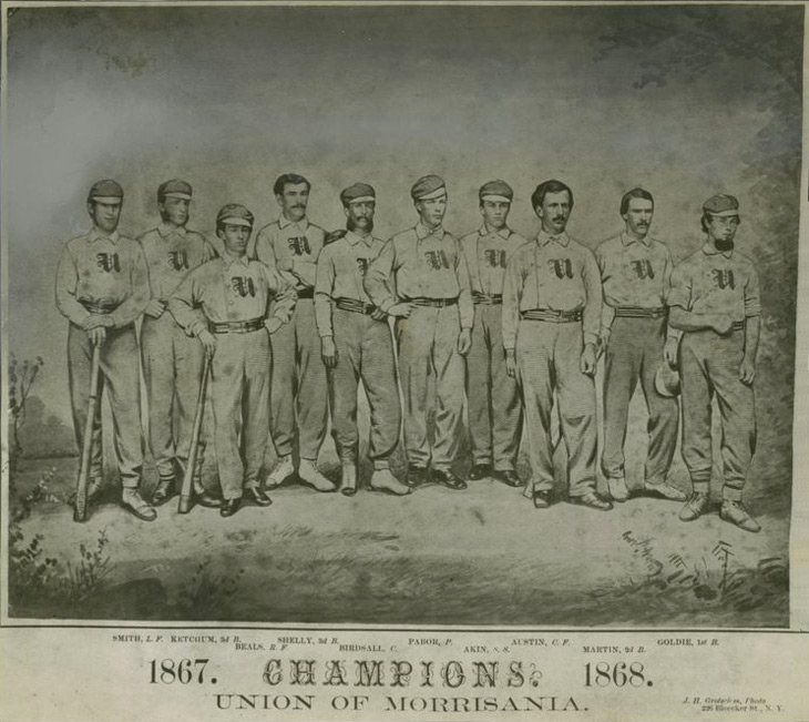 Baseball history photo: An 1867 team photo of the Unions of Morrisania proclaiming themselves the 1867 and 1868 champions.  A formidable team from 1866-1868, 19c Base Ball believes that the 1866 team was the only year the Union Club could lay claim to the championship.  It is generally acknowledged that they were the champions of the 1867 season, when teams outside of NY were not considered.  Even with nineteenth century baseball icon George Wright and a 25 game winning streak, the 1868 Morrisania Club was not declared the champion.  The players are (L to R) George Smith, LF; Dan Ketchum, 3B; Tommy Beals, RF, Ed Shelly, 3B; Dave Birdsall, C; Charley Pabor, P; Albro Aiken, SS; Henry Austin, CF; Al Martin, 2B and John Goldie, 1B. Click photo to return to previous page.